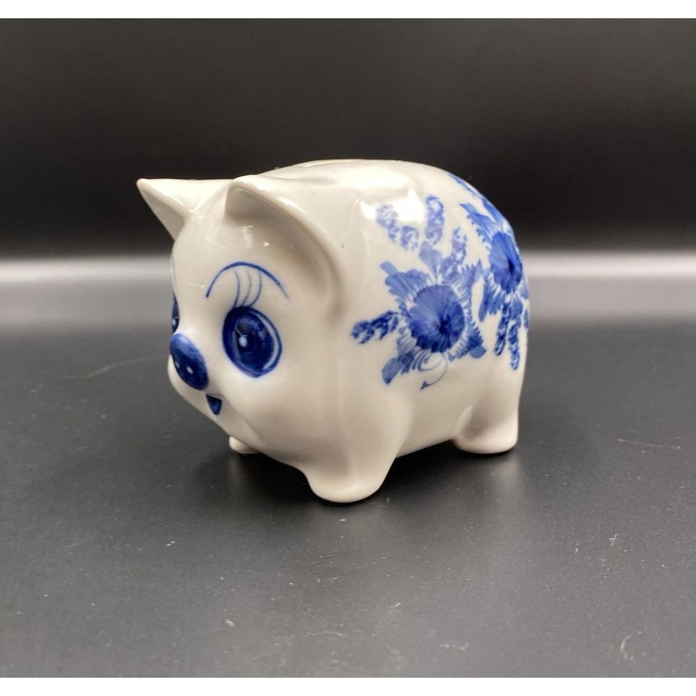Vintage Handpainted Blue And White Ceramic Piggy Bank W/ Stopper 3" Tall